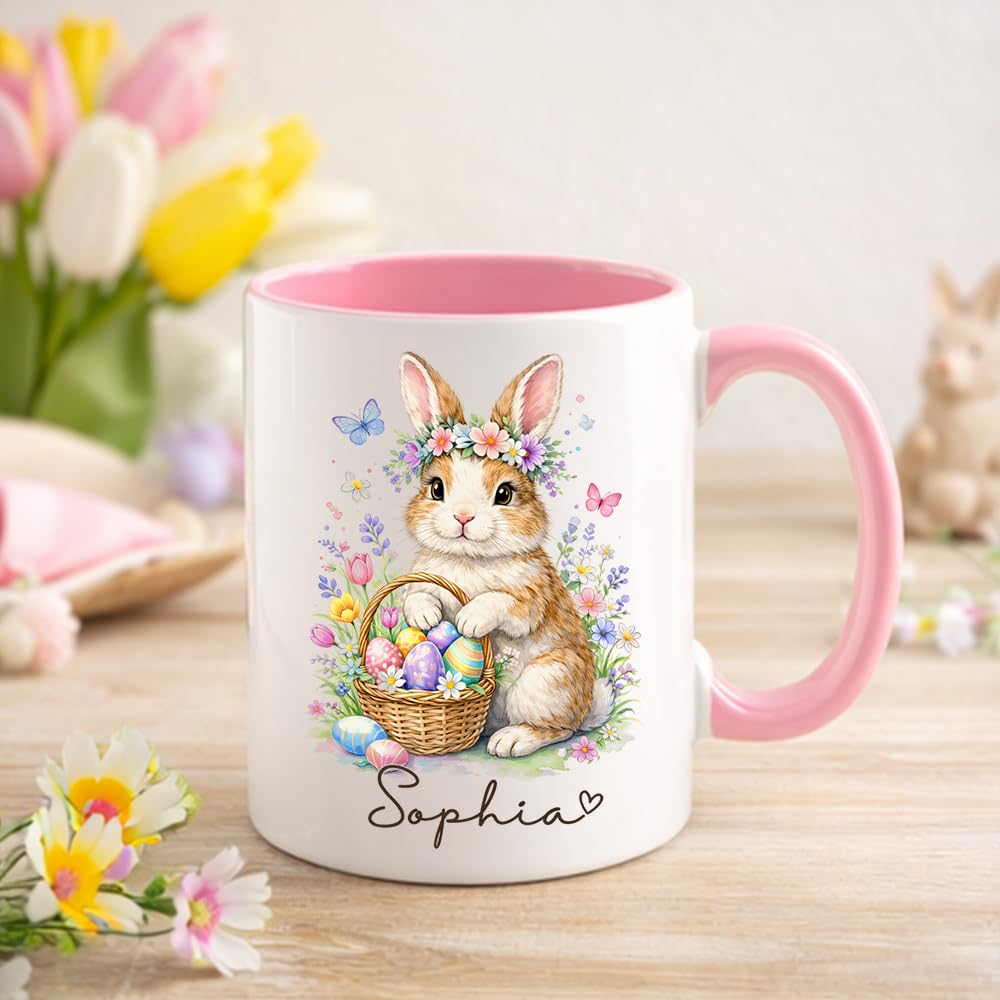 Personalized Easter Bunny Coffee Mug, Cute Bunny with Colorful Eggs Basket Ceramic Cup, Custom Spring Gift for Boys Girls, Adorable Rabbit Mug for Family Children Gift Idea 11oz 15oz/Idea4