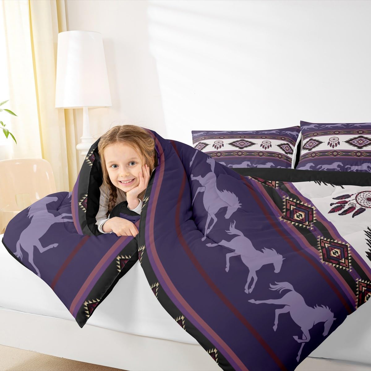 Castle Fairy Boho Aztec Kids Comforter Set Twin Size,Southwest Native Tribal Exotic Reversible Bedding Sets for Teens Bedroom Decor,American Ethnic Purple Horse Quilted Duvet,1 Pillowcase