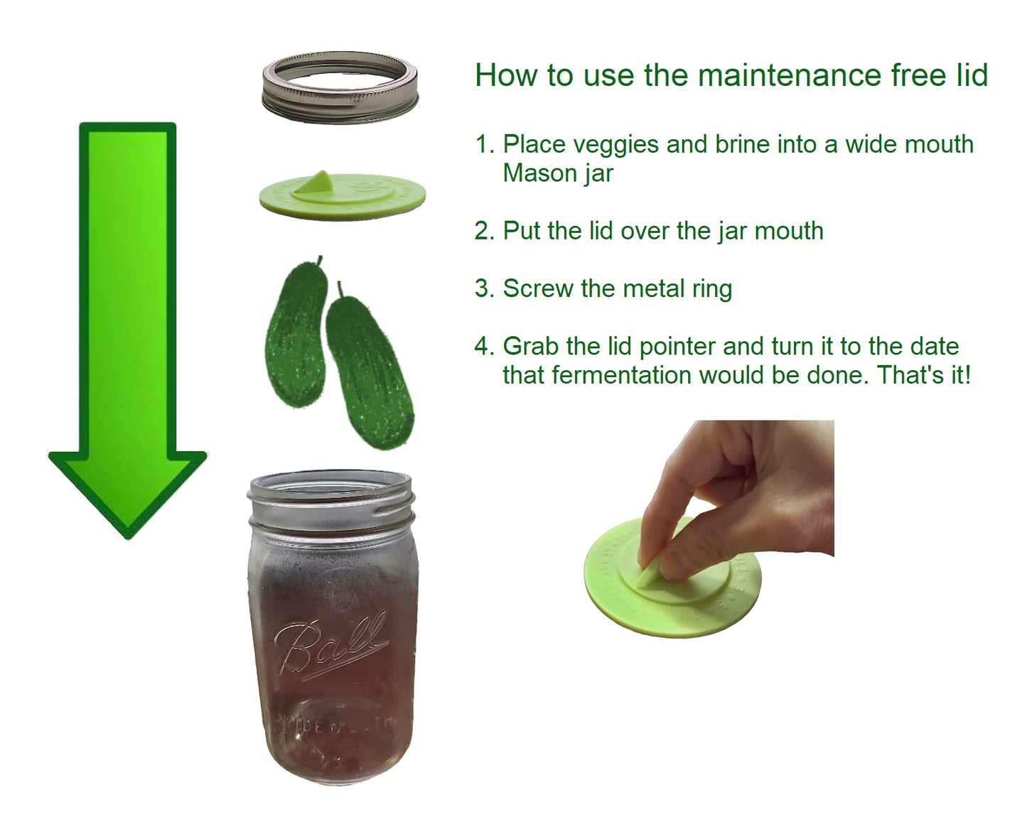 7pack Maintenance airlock waterless fermentation lids for wide mouth mason jars. Make Sauerkraut, Kimchi, Pickles, any fermented vegetable probiotic foods. BPA, mold free, dishwasher safe.