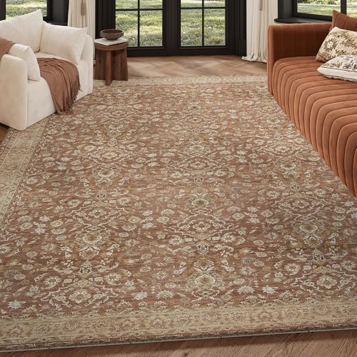 8x10 Reddish Brown Washable Area Rug for Living Room - Vintage Print, Pet-Friendly, Non-Slip