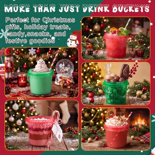 Funnymoom 32 Pcs Christmas Red & Green Drink Buckets with Lids & Straws, 34 Oz / 1 L