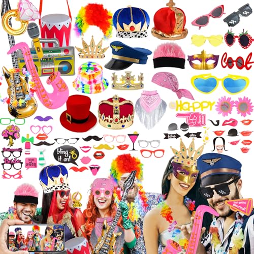 NICOWARM Bulk Photo Booth Props Set for Parties - Funny Hats, Glasses & Inflatable Accessories