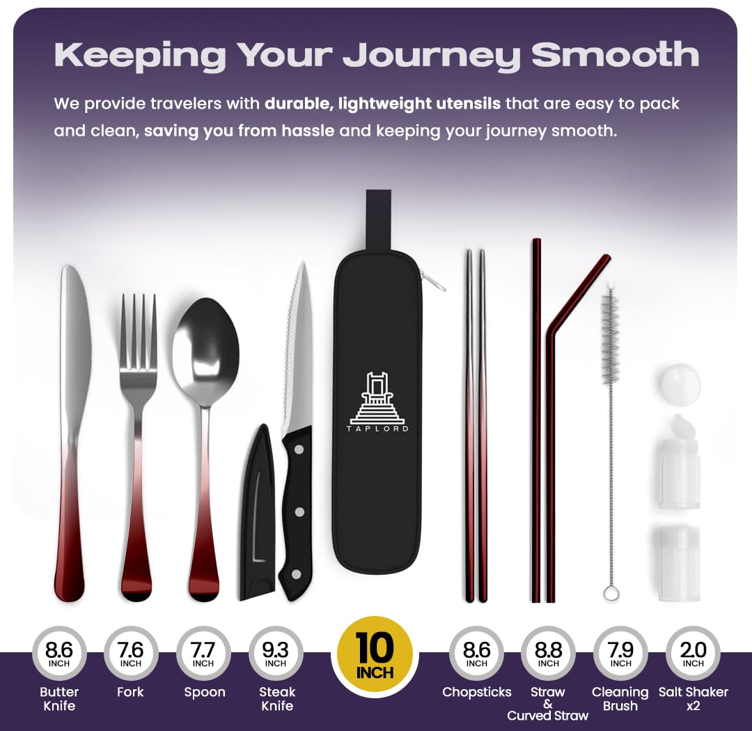 Taplord Portable Travel Silverware Set With Case - Includes 10 Pcs of Utensils, Stainless Steel Flatware For Camping, Easy to Travel, Lightweight (Red Two Tune)