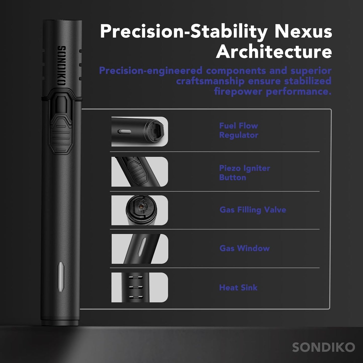 Sondiko Torch Lighter - Refillable Butane with Adjustable Jet Flame & Metal Shell | Butane Refill Kit Included