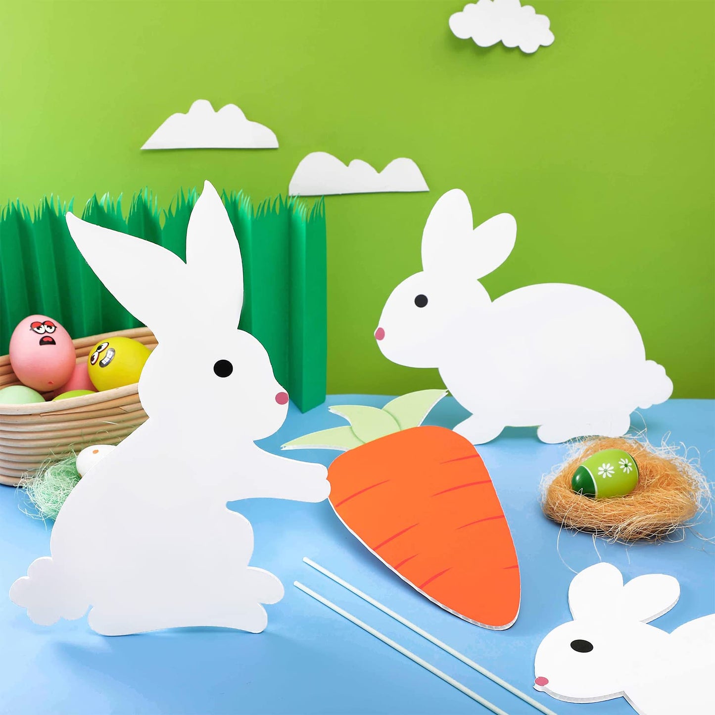Yookeer 4 Pcs Easter Bunny Yard Signs Decorations Double Sided Bunny Carrot Lawn Sign Outdoor Rabbit Yard Signs with Stakes for Easter Hunt Game Party Supplies Pathway Walkway Decor