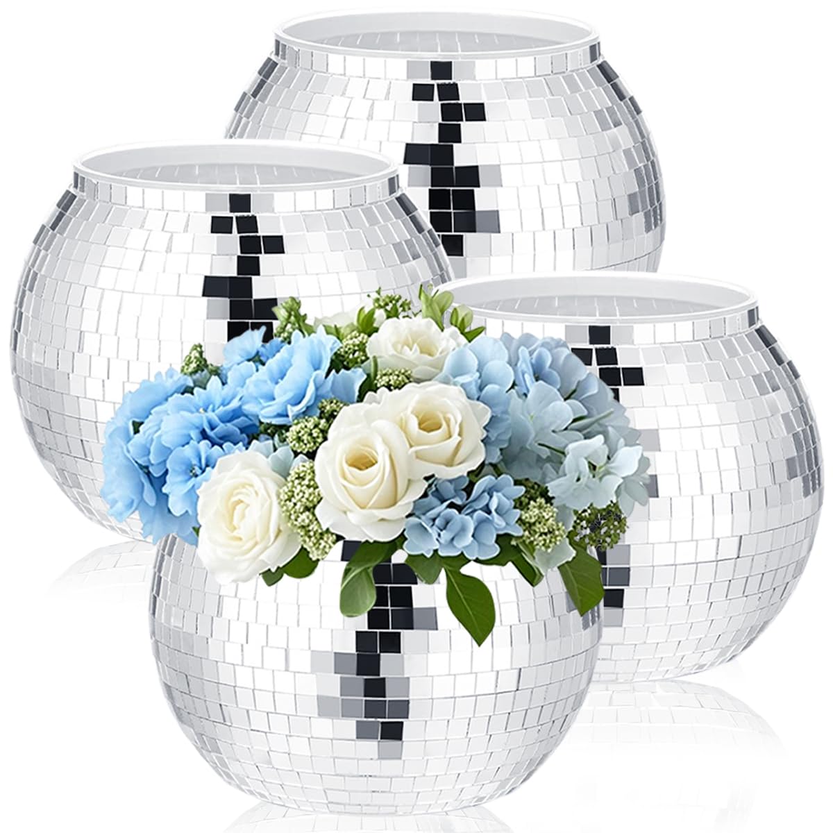4 Pcs Disco Ball Vases,Plastic Disco Ball Centerpieces 6" X 6.7" Disco Ball Decor Silver Mirror Disco Ball Planter Can Be Used for Wedding Centerpieces,Birthday,Office