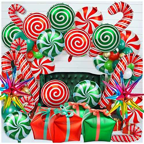 38Pcs Christmas Balloons, Big Red Green Candy Cane Foil Mylar Balloon for Party Decorations