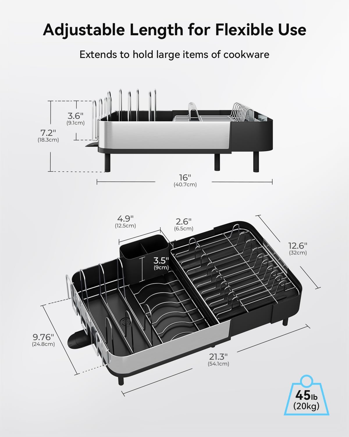 SUNLY Expandable Dish Drying Rack - Space-Saving Kitchen Organizer with Versatile Brackets - Black