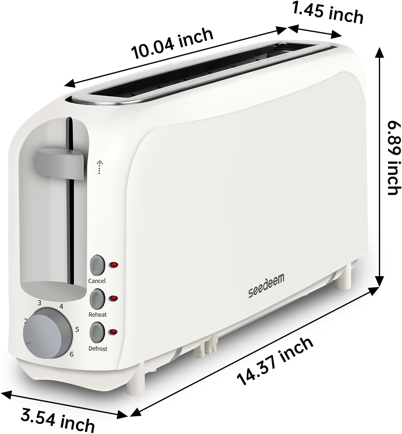 SEEDEEM 2-Slice Slim Toaster - Fits Bagels & Artisan Bread | 10" Long Slot, 6 Shade Settings, Auto Shut-Off, White