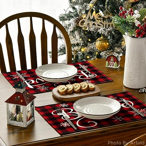 Artoid Mode 12 x 18 Inch Buffalo Plaid Placemats Set of 8 – Red/Black Washable Linen-like