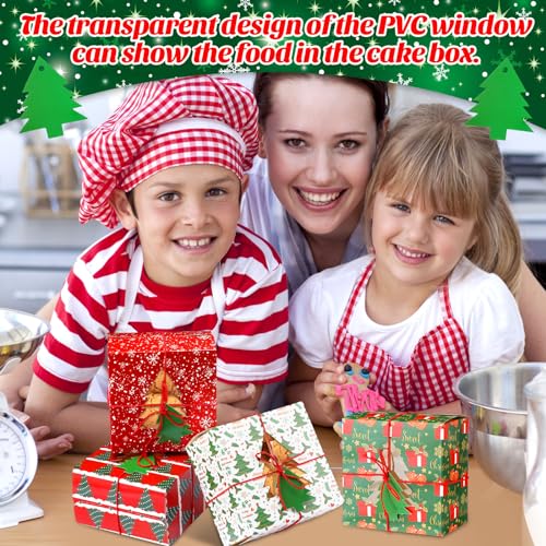 Blulu 48 Pack Christmas Bakery Boxes with PVC Window, Tree Tags & Rope - 5x5x3 Inch