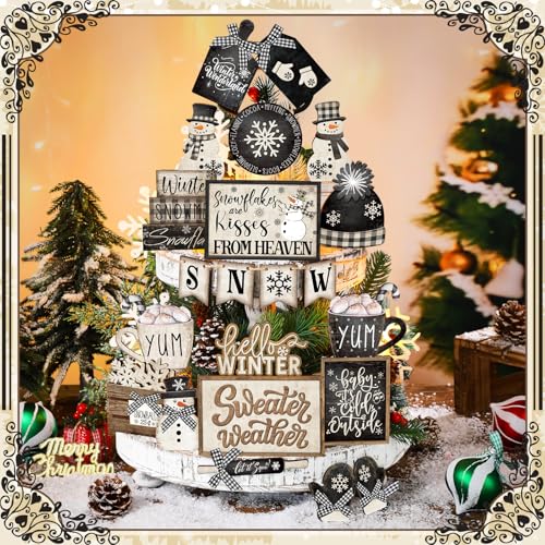 23 Pcs Christmas Tiered Tray Decor Snowman Farmhouse Decor Christmas Sign Winter Table Centerpieces Winter Wood Blocks Signs for Home Shelf, Without Tray (Black, White,Snow)