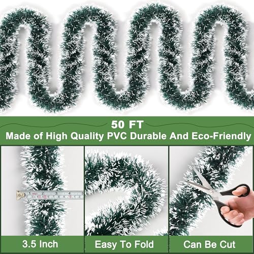 Huyamap 50FT Green White Christmas Tinsel Garland Metallic Twist Xmas Decor