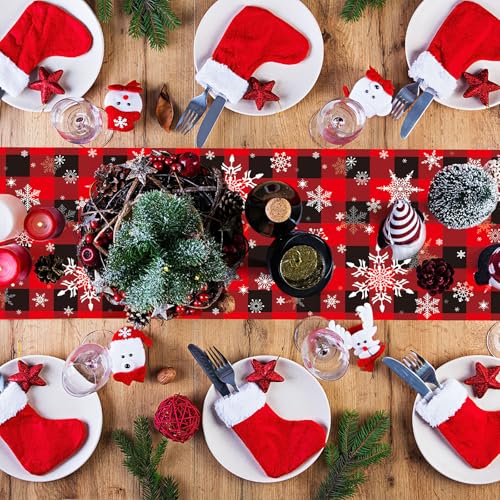 6 Pcs Christmas Winter Snowflake Table Runners, Buffalo Plaid
