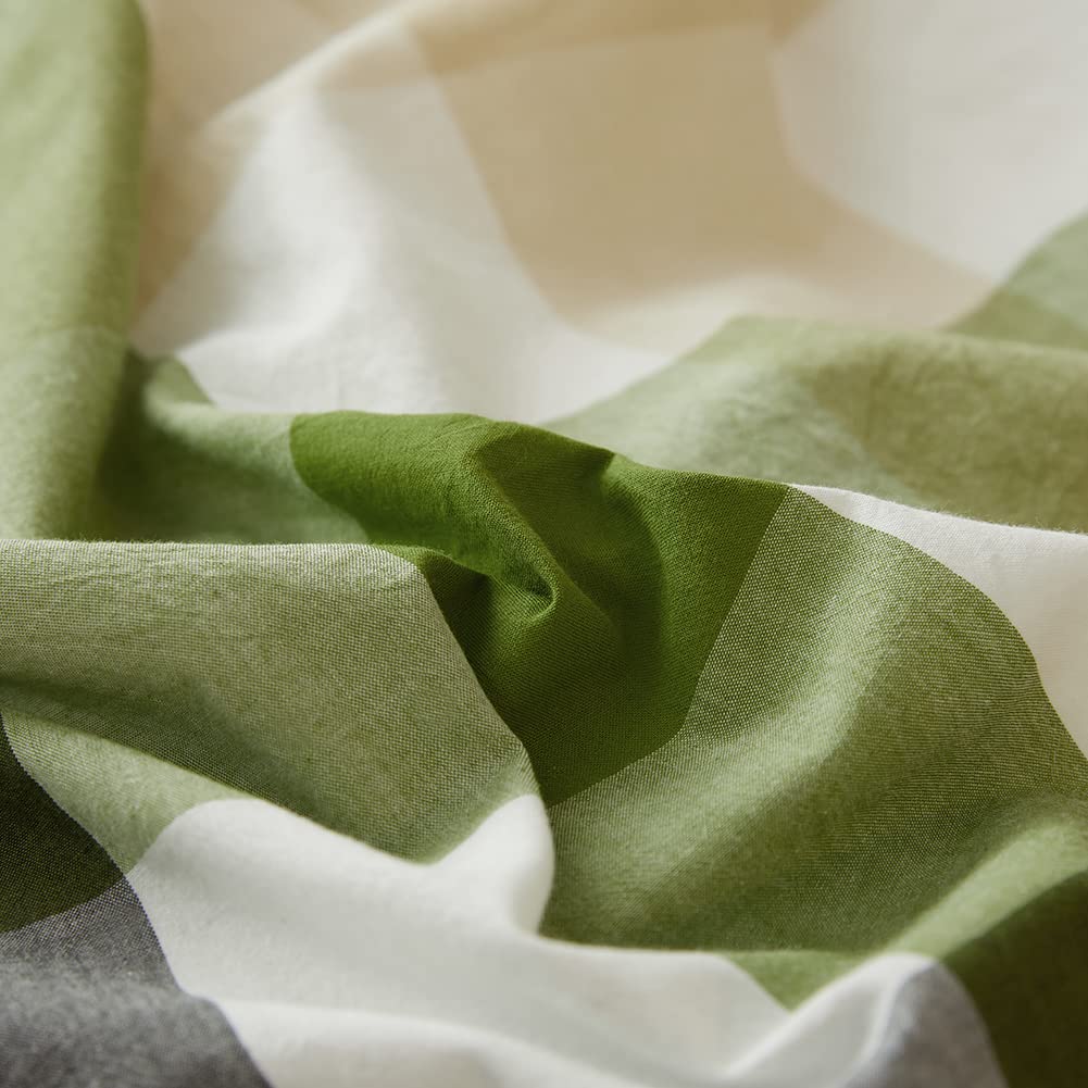 DONEUS 100% Washed Cotton Duvet Cover Set Super Soft Breathable Comfy Natural Linen Like Textured Bedding Set 3 Pieces with Zipper Closure (Green White Plaid, Queen)