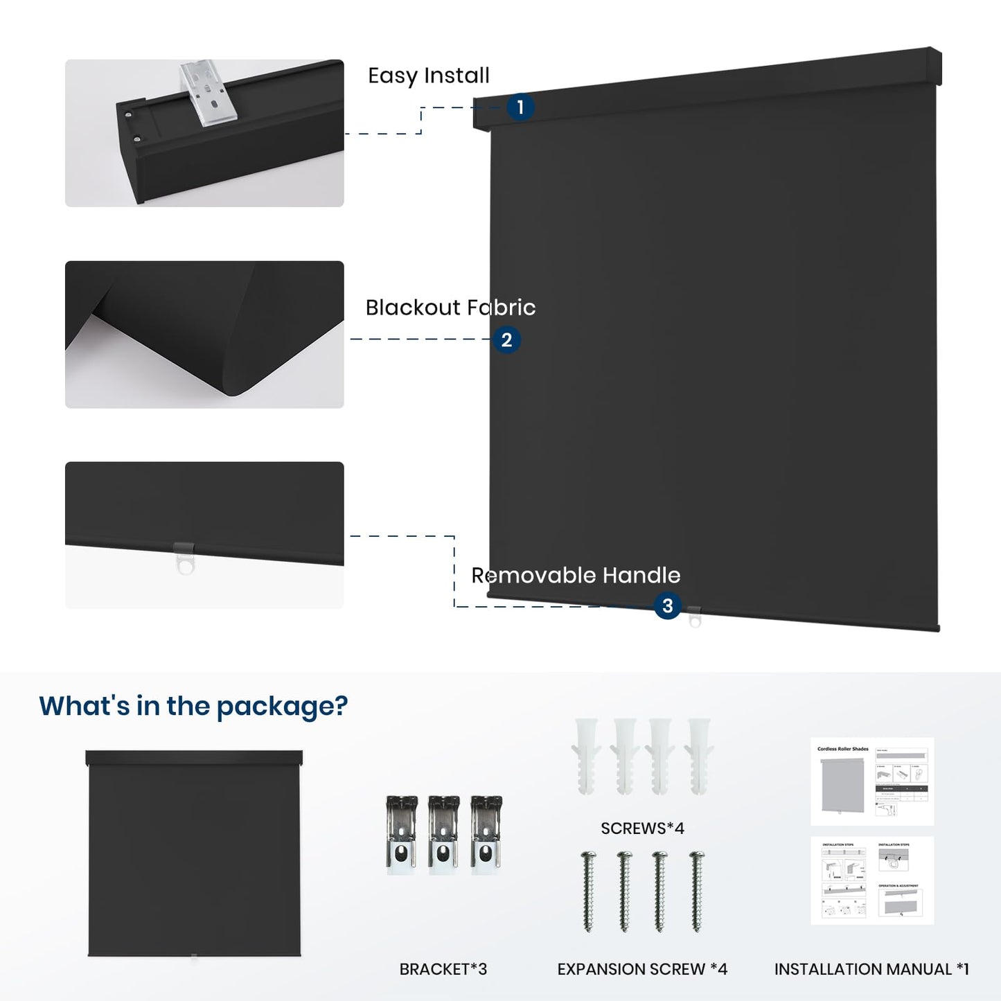 100% Blackout Roller Shades Cordless Blinds for Indoor Windows,Free-Stop Window Shades Pull Down,Thermal Insulated Fabric UV Protection,Blackout Window Guard Blinds for Home,Office,Black,30" W x 72" H