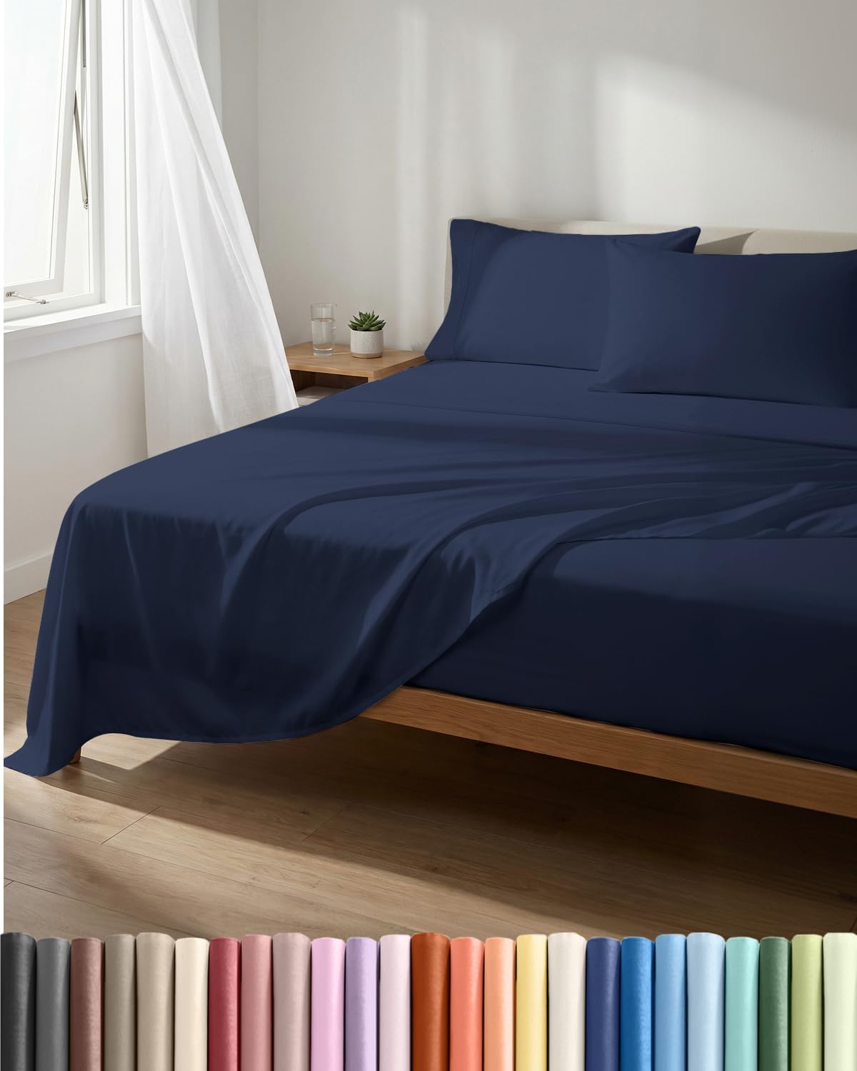 Lightweight Bed Sheet Set by [Brand Name] - Cooling Full Size Bedding for Hot Sleepers - Soft, Breathable with Deep Pockets - Navy Blue