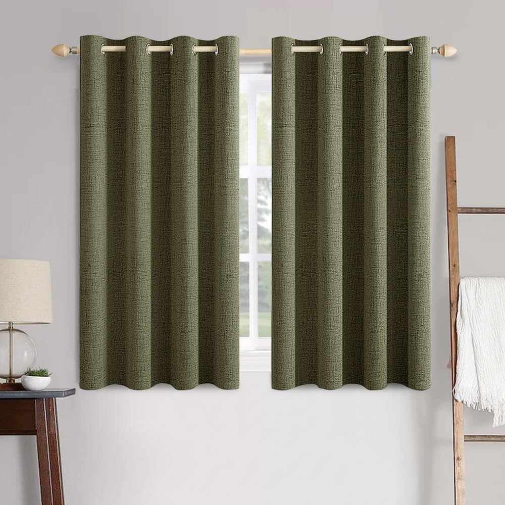 MIULEE Blackout Curtains - 100% Thermal Insulated Linen Texture Drapes | Light Olive Green, 52x45 Inch (2 Panels)