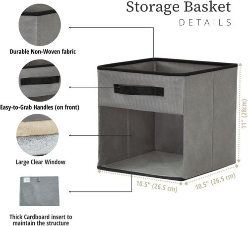 DECOMOMO Storage Bins - Fabric Cube Storage with Window for Shelves | 11" Grey (Set of 6)