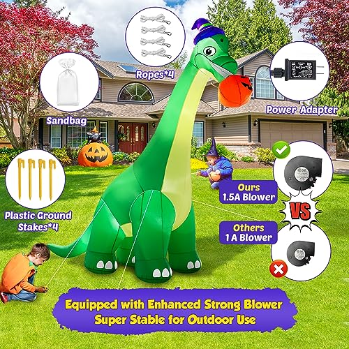 Giant Halloween Dinosaur Inflatable Decoration with LED Lights - 13Ft Yard Blow Up with Pumpkin & Witch Hat for Outdoor & Indoor Holiday Parties