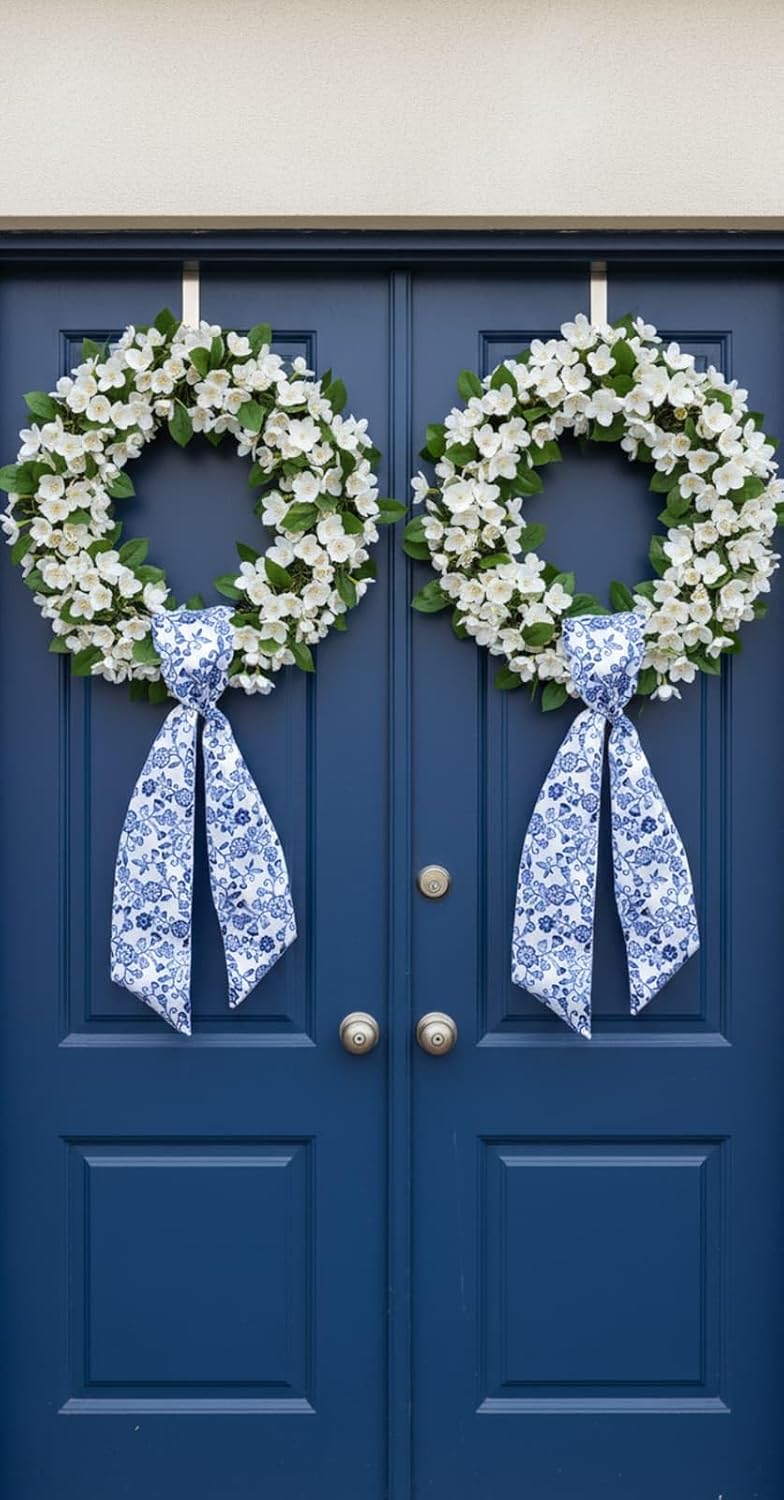 Skiennix Wreath Sash - Blue Floral Chinoiserie Decor | 55x5 Inch Ribbon for Indoor/Outdoor Use