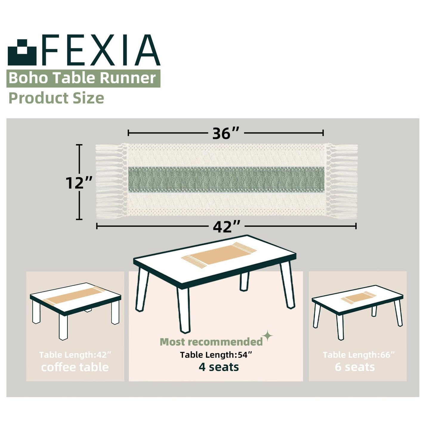 FEXIA Sage Green Table Runner 36 Inches Long with Tassels Boho Macrame Farmhouse Table Runners for Home Decor Party Bohemian Rustic Bridal Shower Dining Decorations(12x36 Inches)