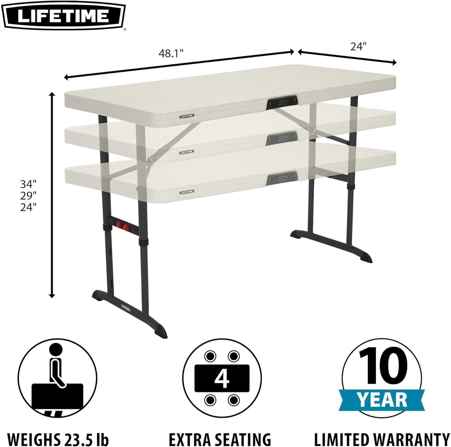 LIFETIME 80387 Adjustable Folding Table - 4-Foot Commercial Design in Almond Color
