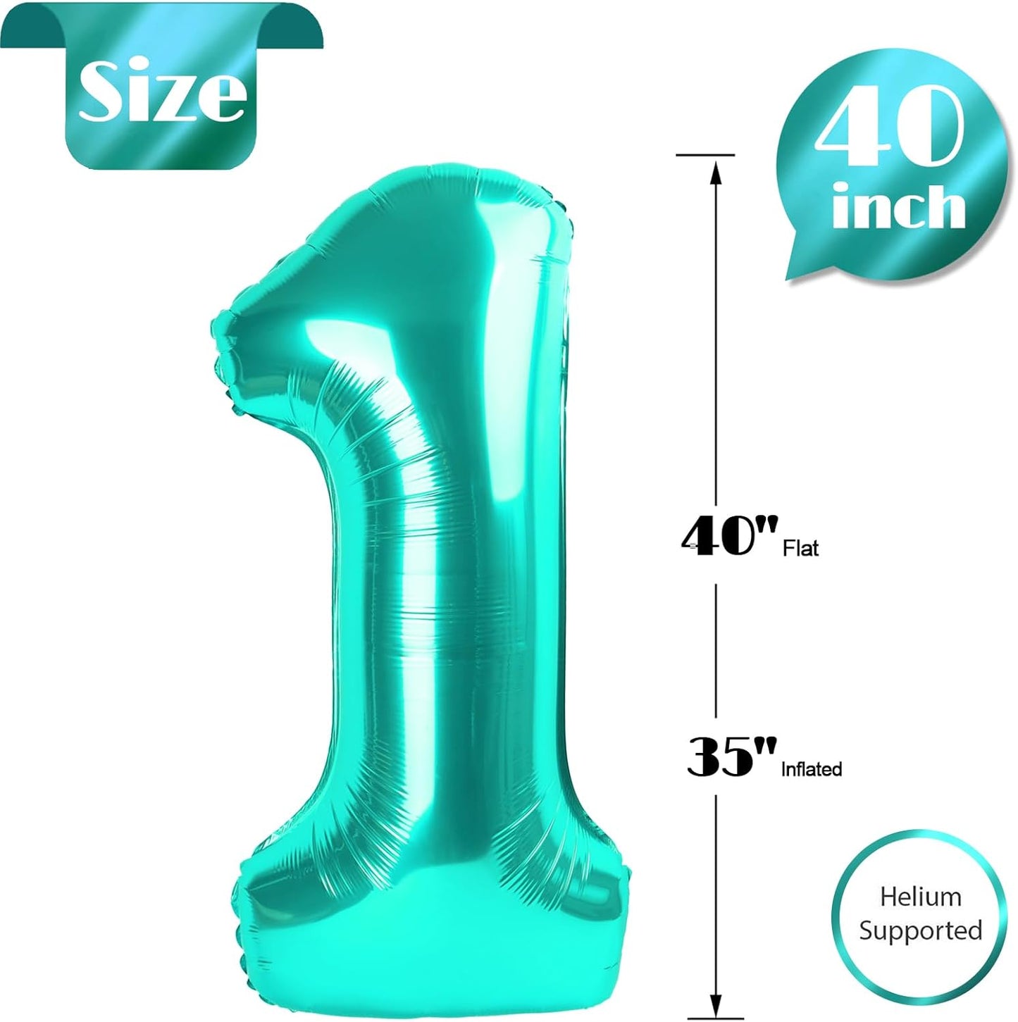 Teal Blue Giant Number 1 Balloon - 40 Inch First Birthday Decoration for Girls & Toddlers