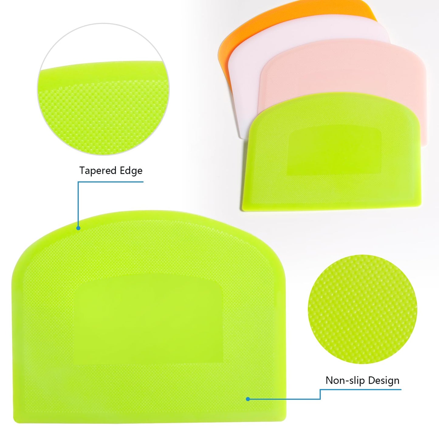 CEWIFO Dough Scraper Bench Scraper for Baking, 4 PCs BPA Free PE Plastic Flexible Bowl Scraper, Food-safe Plastic Dough Cutter for Bread Cake Dough Fondant Icing (White, Green, Orange, Pink)