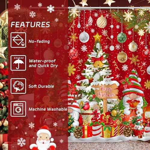 Merry Christmas Gnome Shower Curtain, Winter Xmas Tree Snow Home Holiday Bathroom Decor, Polyester Cloth Fabric Bath Curtain with 12 Hooks 72" W x 72" L Red