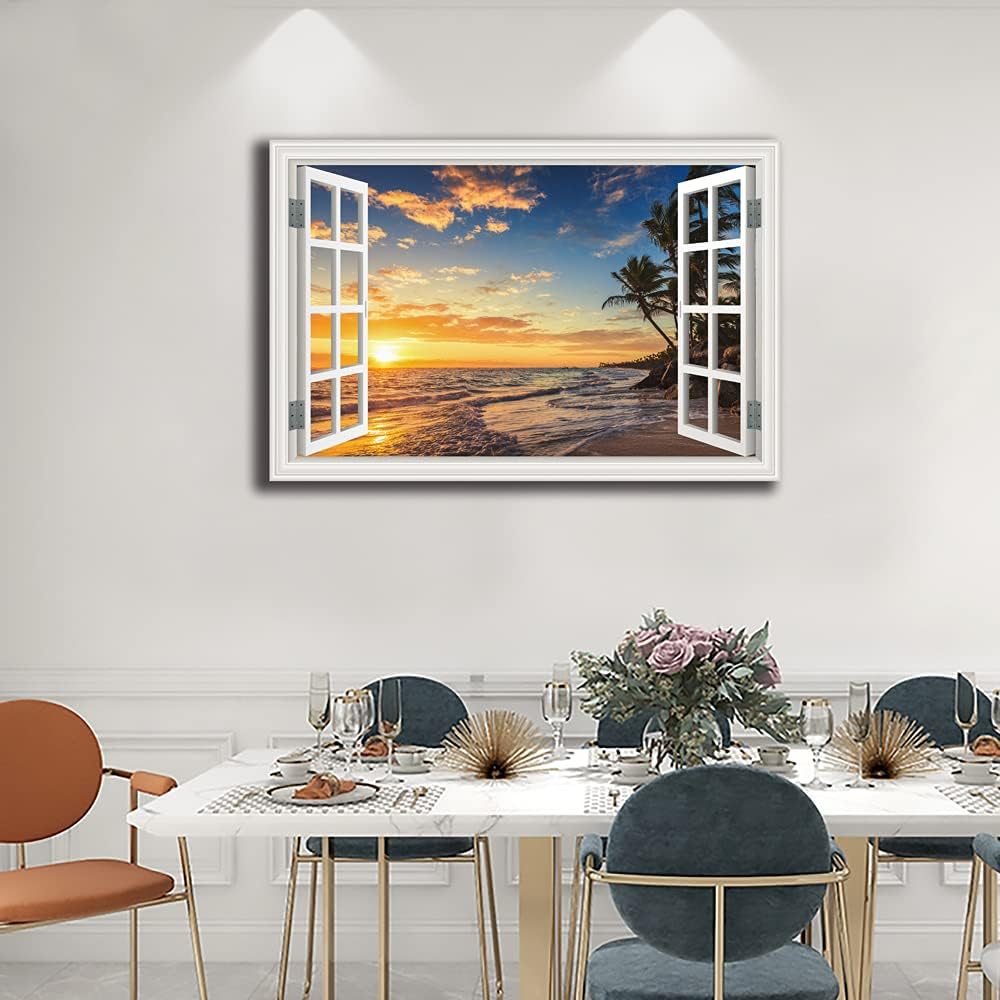 Seascape Beach Wall Art Print for Living Room - Window Frame Style Canvas Wall Decor Ocean Wave - Tropical Palm Tree Picture for Bedroom Office Home Decoration