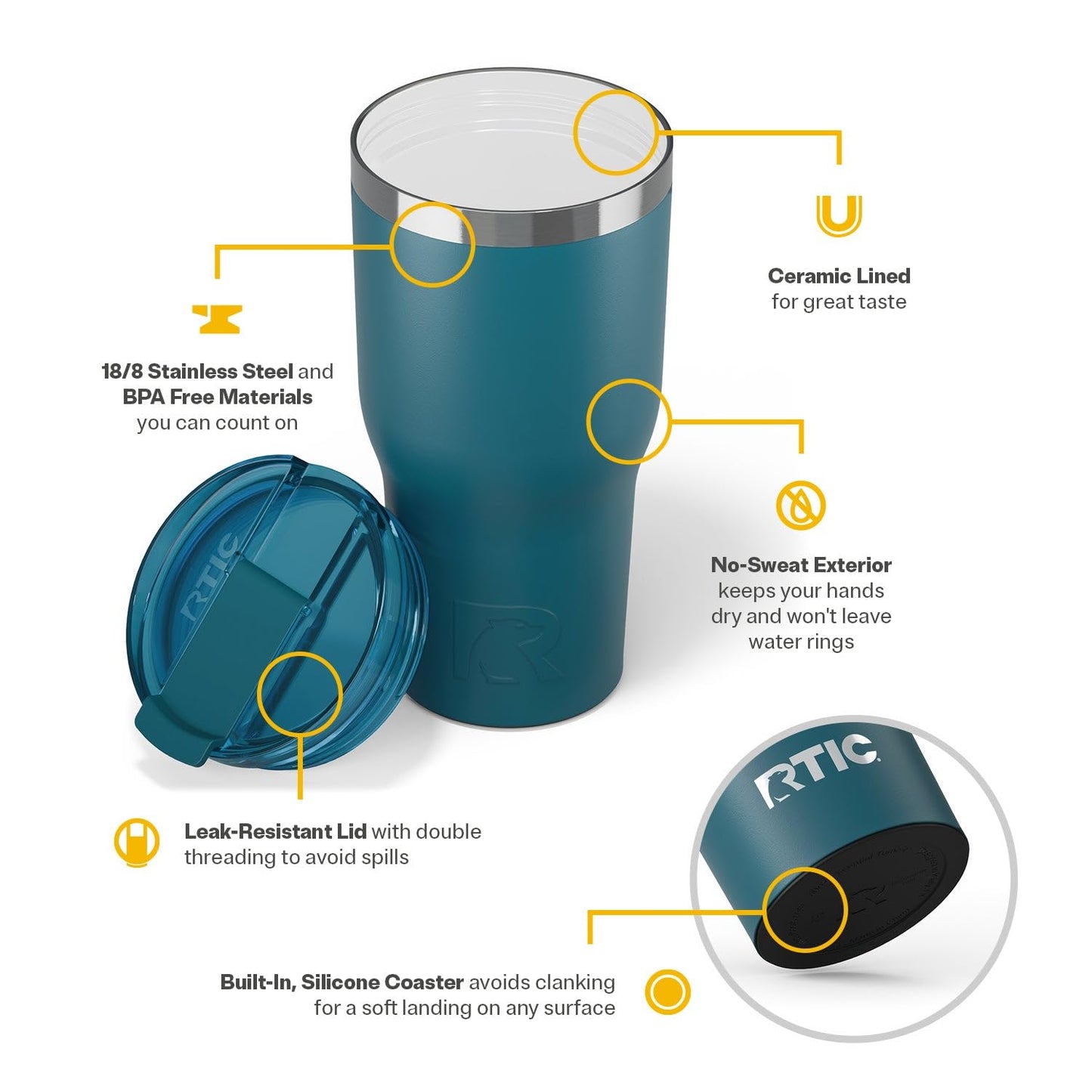 RTIC 40oz Essential Tumbler with Lid, Ceramic Lined, Insulated, Stainless Steel, Metal, Double Wall Vacuum-Insulation, Travel Cup for Iced Coffee, Tea, Hot and Cold Drink, Marine