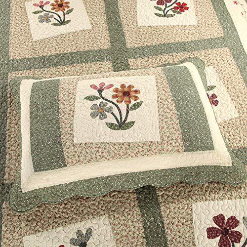Green Farmhouse Embroidered Floral Quilted Bedspread Set - Queen, Reversible Cotton
