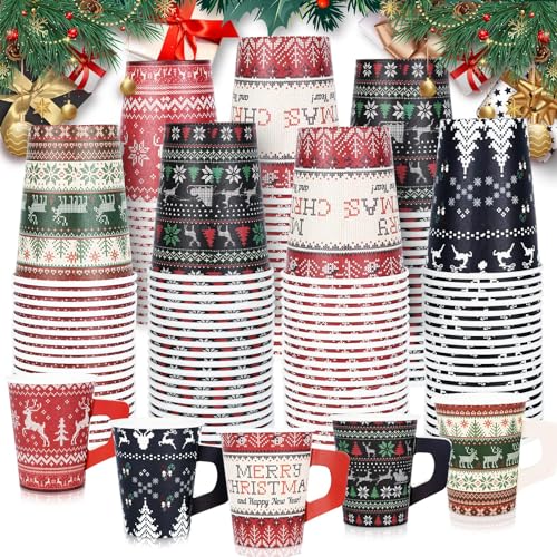 Retro Christmas Disposable Paper Cups with Handles, 100 Pack, Ugly Sweater Pattern, 9 Oz Holiday Drinkware - Variants 100