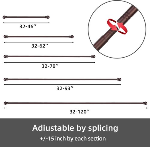 GXOACKJ Heavy-Duty Metal Curtain Rods - 2 Pack, 66 to 120 Inch, Brown with Brackets