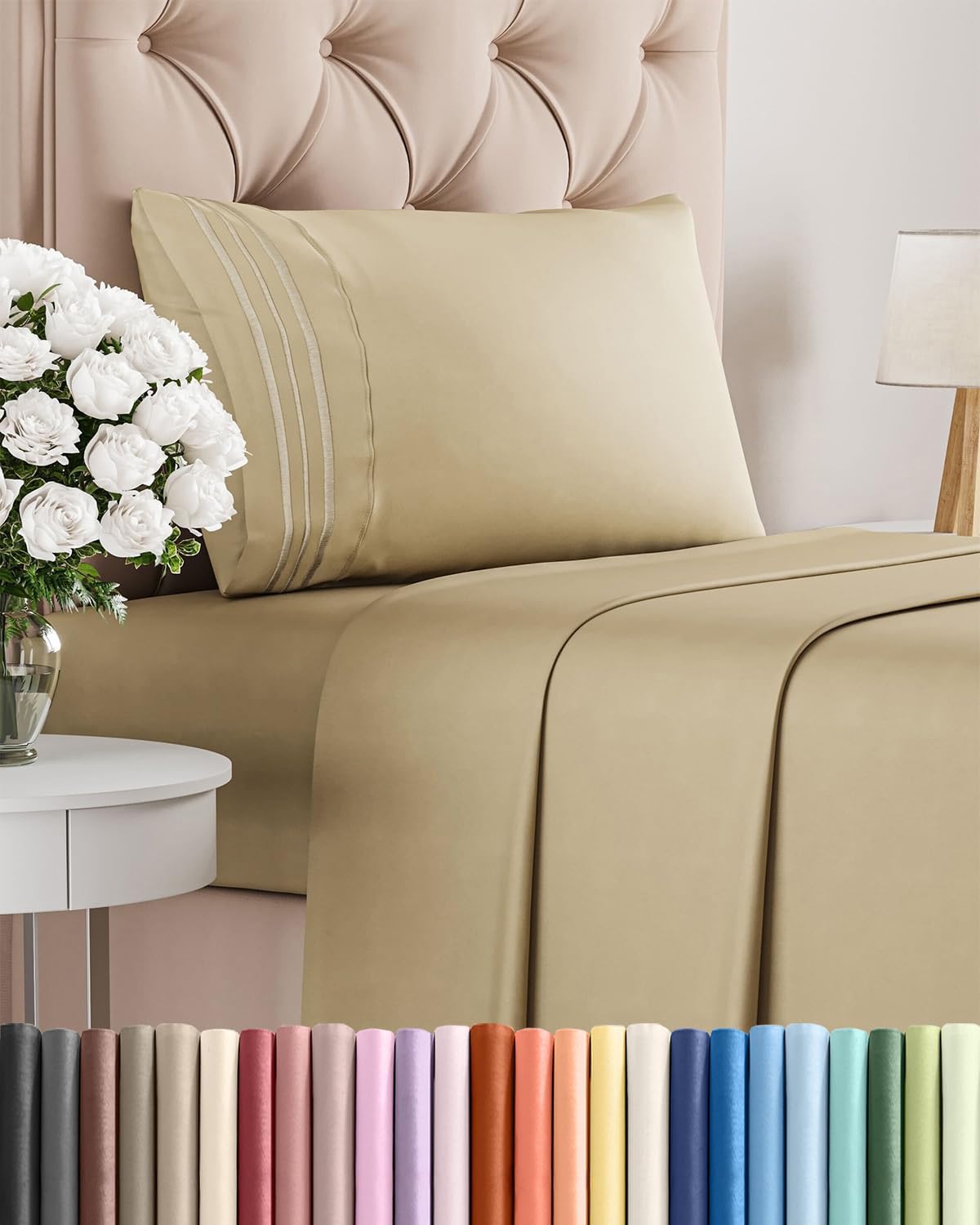 Skiennix Twin XL 3-Piece Sheet Set - Ultra-Soft Cooling Bed Sheets - Deep Pocket Hotel Luxury - Beige