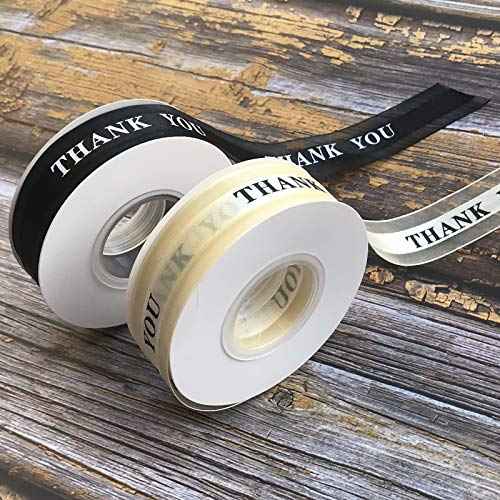 2 Rolls Satin Organza Ribbons for Thanksgiving Father's Valentine's Day Gift Wrapping,1 Inch by 25 Yard Thank You Printing,Wedding Favor Cake Decoration Handmade Crafts (Black+Champagne)