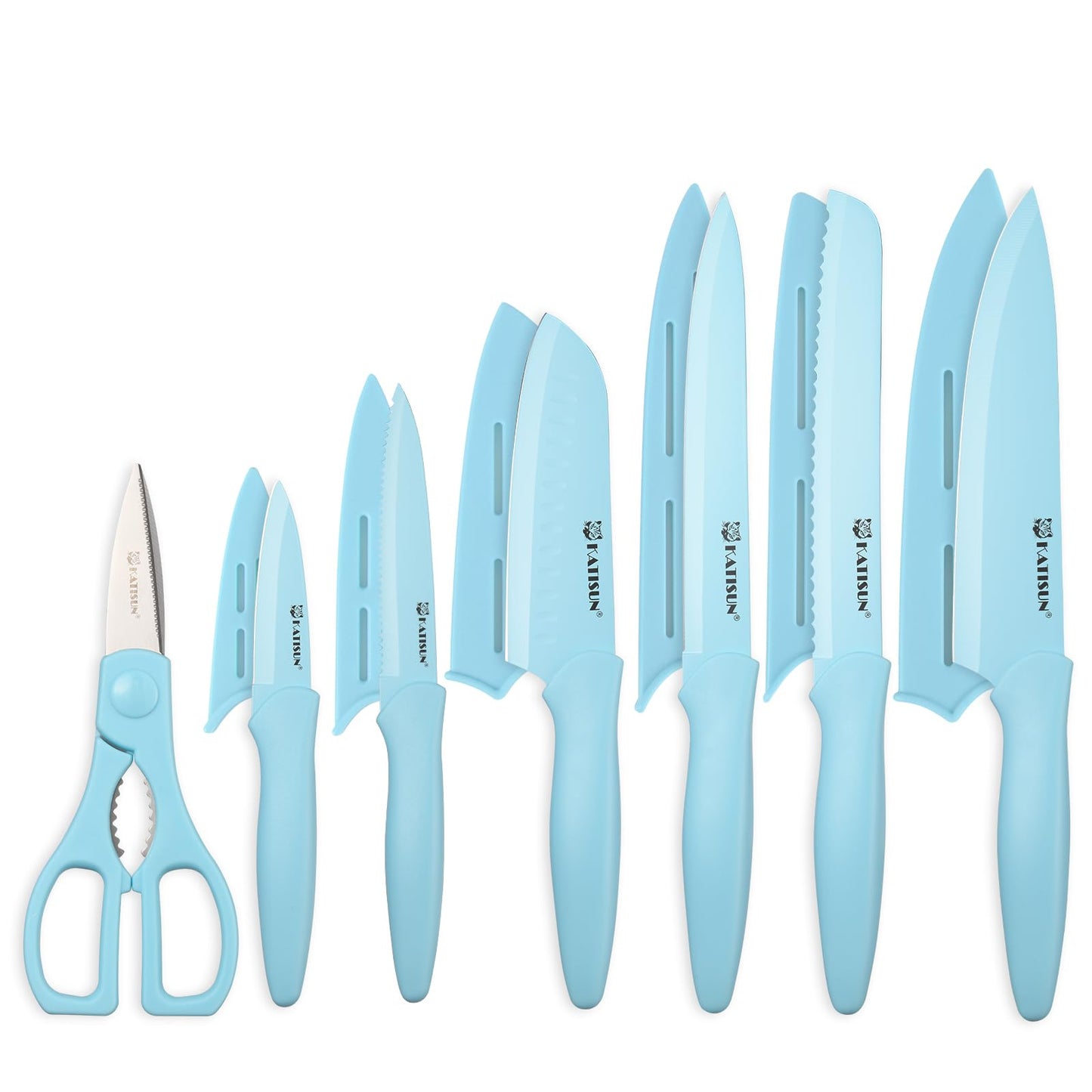 KATISUN Kitchen Knife Set with Guards, 13 Piece Blue Non-Stick High Carbon Stainless Steel Boxed Knives Set, Anti-Rust and Dishwasher Safe, 6 Knives with 6 Blade Covers and Kitchen Shears