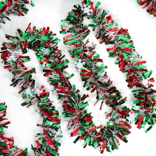CUADRNX 50ft Green Red Christmas Tinsel Garland Holiday Decor Indoor Outdoor