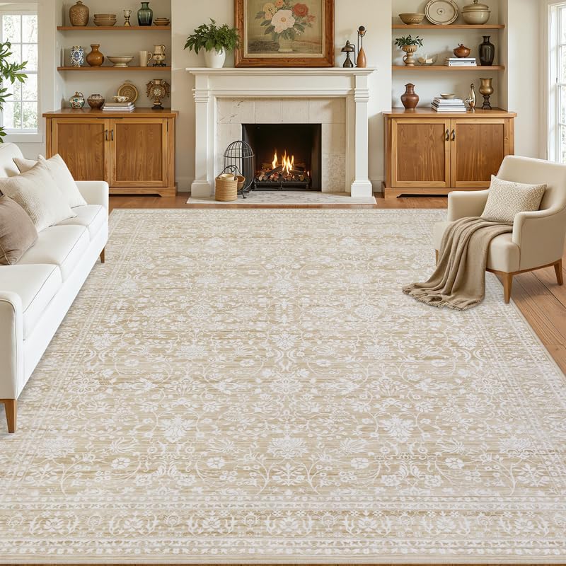 Luxturiy 8x10 Beige Washable Area Rug for Living Room & Bedroom, Soft Low Pile