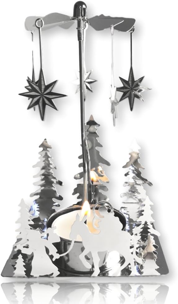 Nativity Candle Spinner - Laser Cut Silver Tea Light Holder with Nativity Scene & Moravian Stars - 5" H x 3.5" L