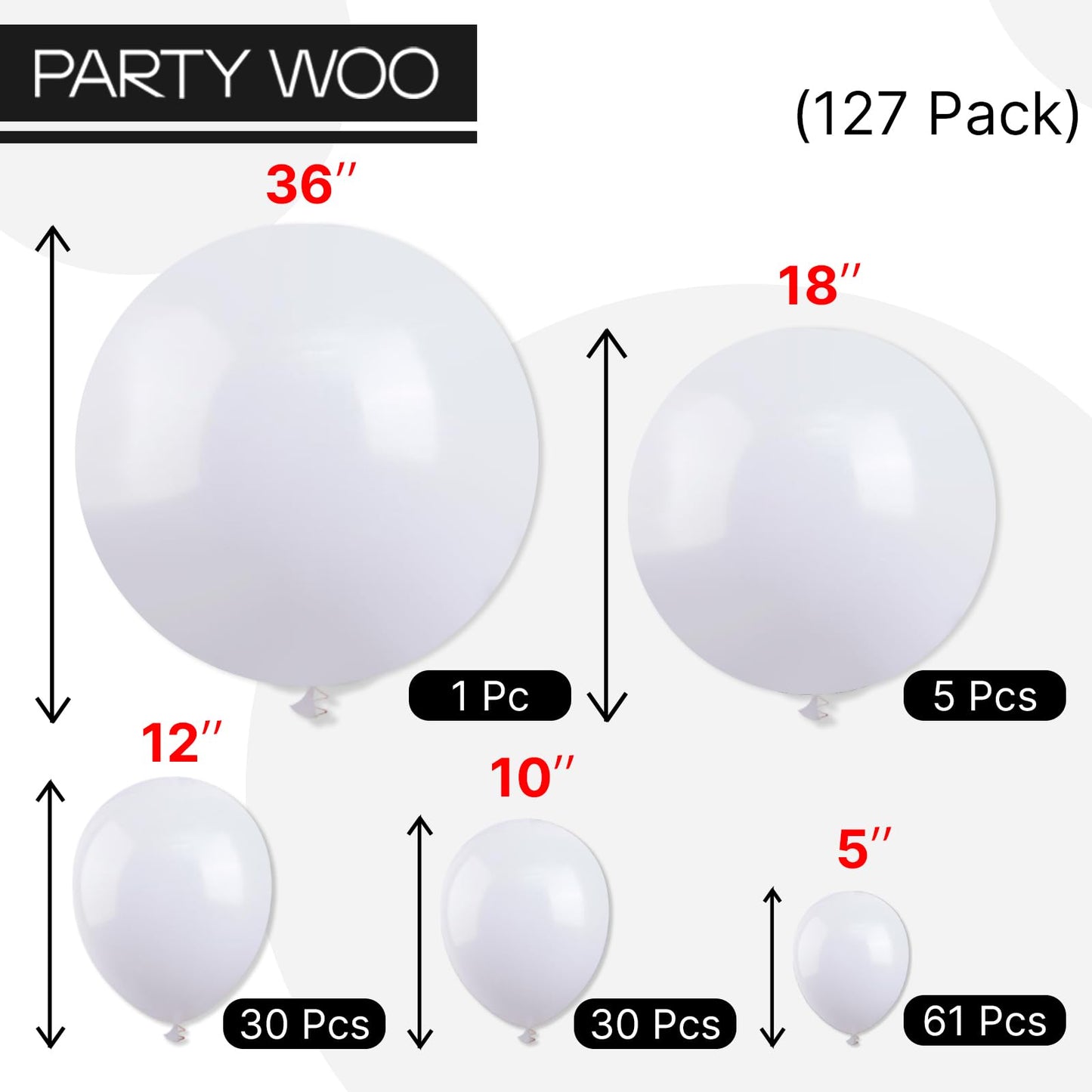 PartyWoo White Balloons 127pcs Different Sizes Pack of 36 18 12 10 5 Inch Matte White Latex Balloon Arch Kit Garland for Wedding Bridal Graduation Baby Shower Birthday Party Decorations White-Y13