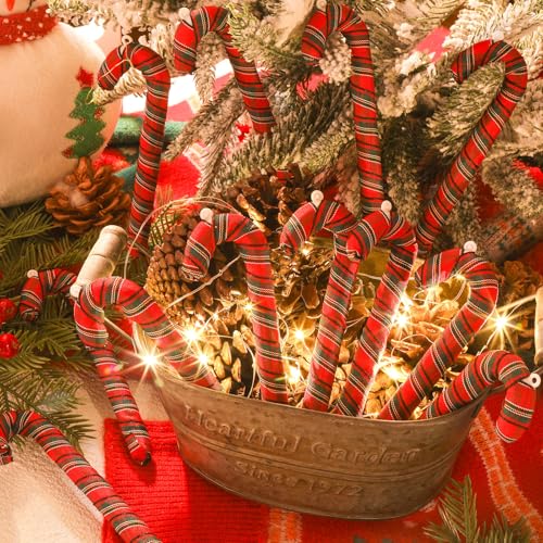 12 Pcs Red Farmhouse Plaid Candy Cane Christmas Ornaments - Holiday Decor