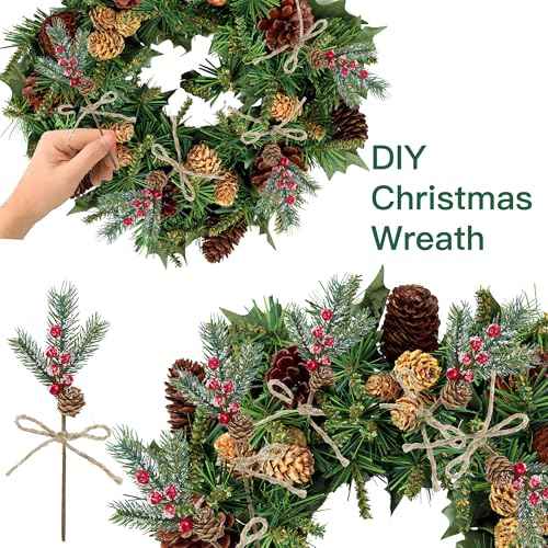 Sggvecsy 15 Pack Snow Frosted Christmas Berries Pine Picks Artificial Red Berry Pine Branches Frosted Faux Pine Stem with Pine Cones Fake Pine Needles for Xmas Tree Wreath DIY Craft Holiday Decor