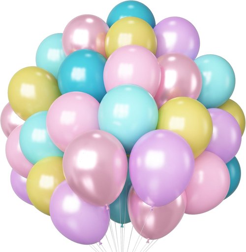 HILAVO Pastel Balloons - 60 Pcs Metallic Pink, Purple, Teal & Blue Latex Balloons for Birthday & Wedding Decor