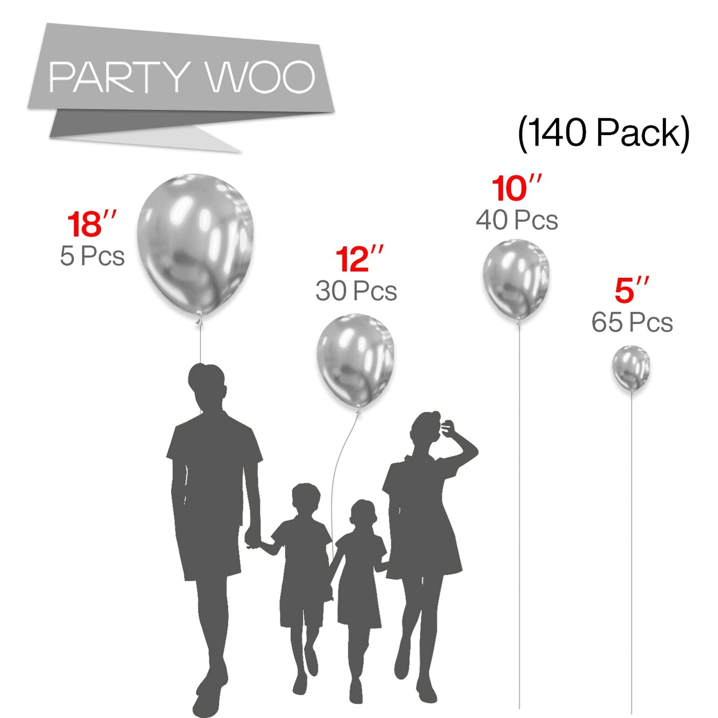 PartyWoo Silver Balloons 140 pcs Different Sizes of 18 12 10 5 Inch Silver Balloon Arch Kit Garland for Birthday Graduation Bachelorette Engagement Bridal Shower Wedding Party Decorations Silver-G102