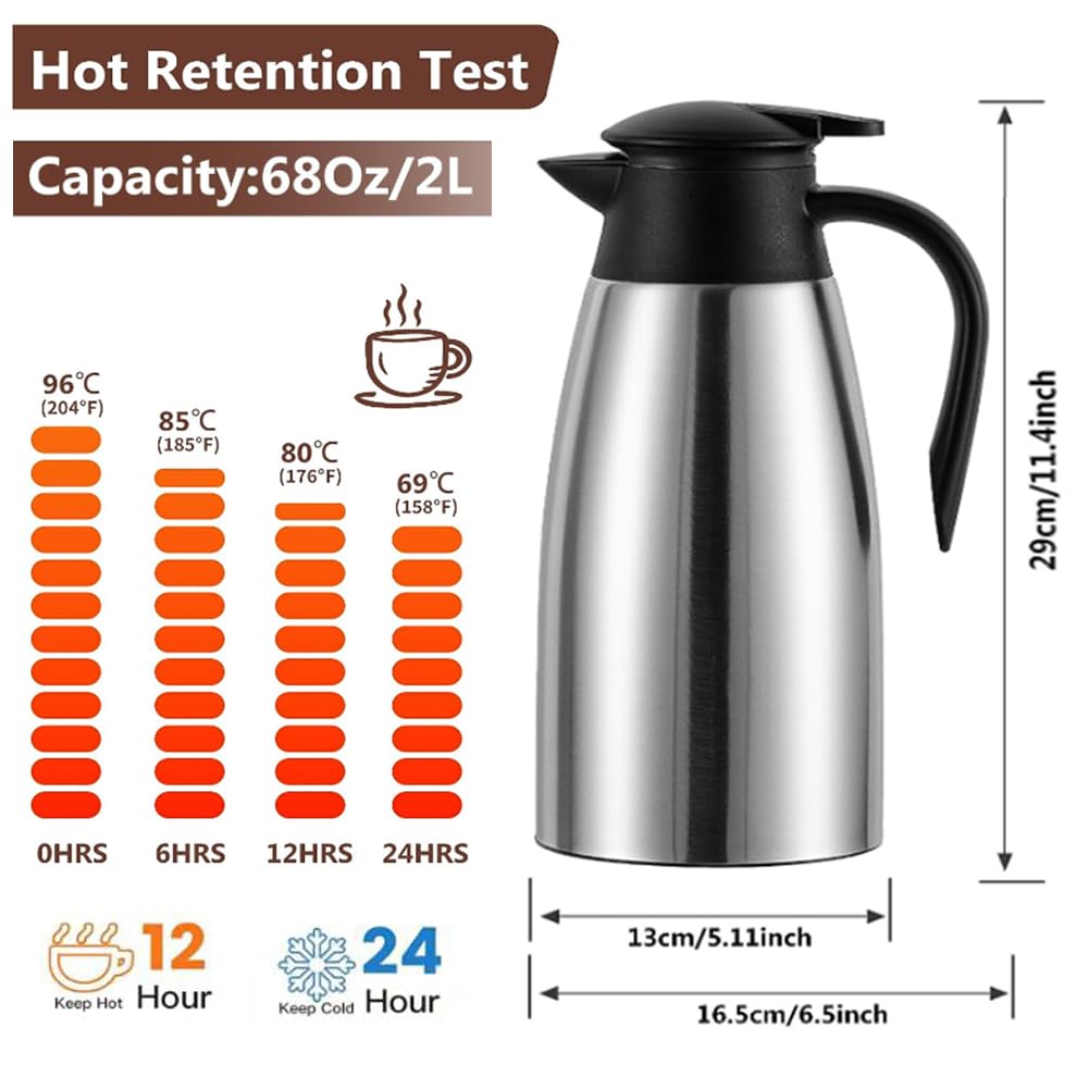 70 Oz Insulated Thermal Coffee Carafe Stainless Steel Double Walled Vacuum Coffee Thermos, Hot Water, Tea, Hot Beverage Dispenser, Keep 24 Hour Heat Retention/12 Hour Cold Retention (Sliver, 2L)