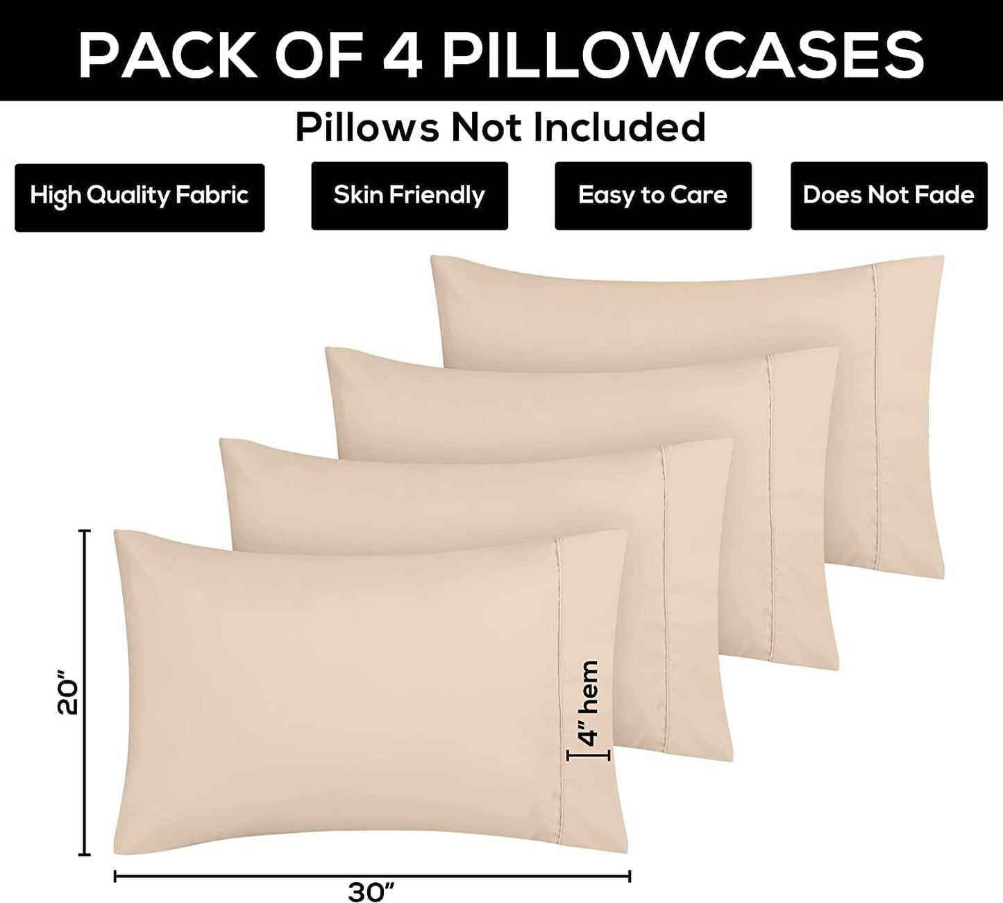 Utopia Bedding Standard Pillow Cases - Soft Brushed Microfiber - 4 Pack, Fade Resistant | 20 X 26 Inches, Beige