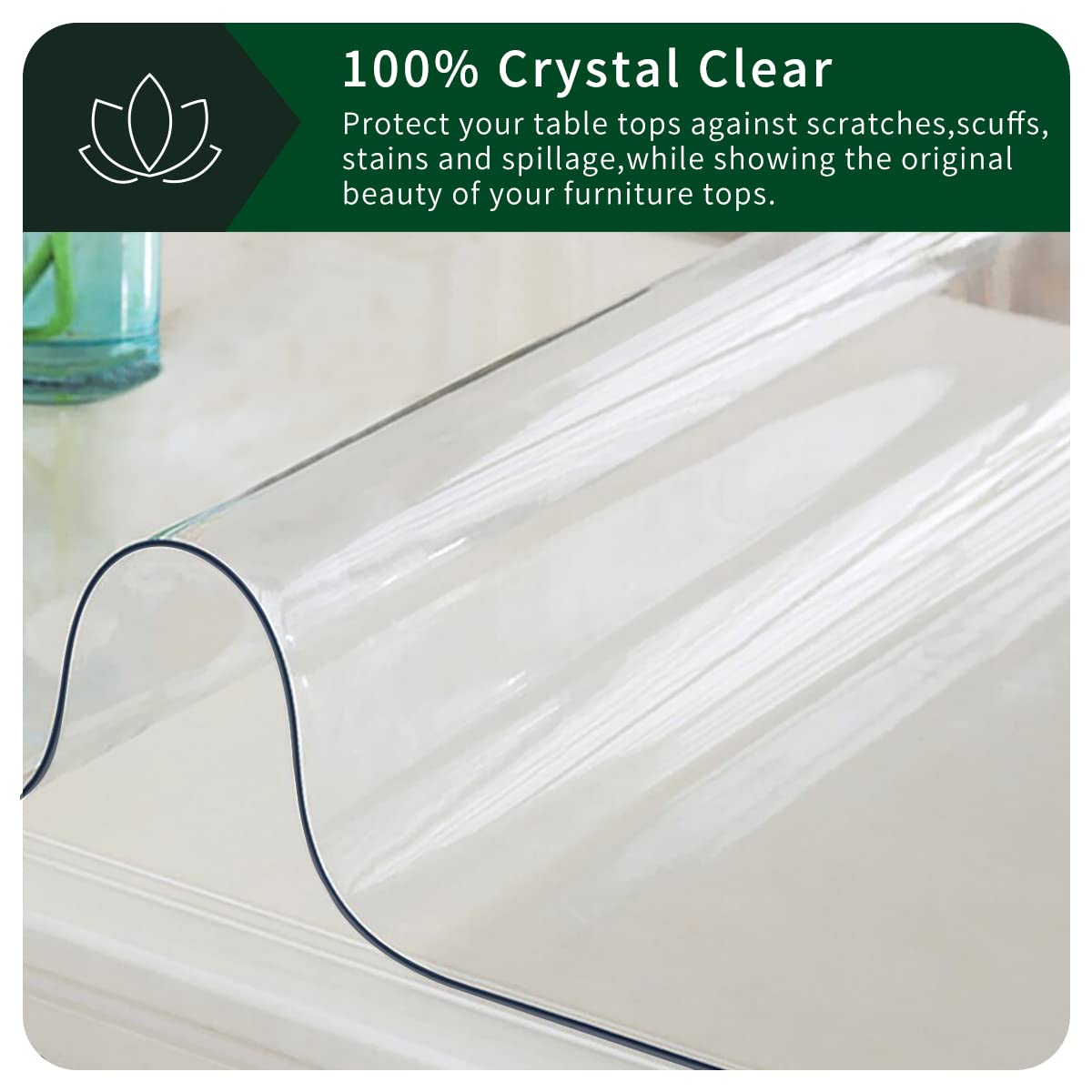 Wipeable Multi-Size Clear Plastic Tablecloth Waterproof Crystal Vinyl PVC Rectangle Dining Coffee Table Mat Pad Wood Glass Marble Furniture Screen Protector PVC Cover Mat Polyester 36x72"6ft Heatproof