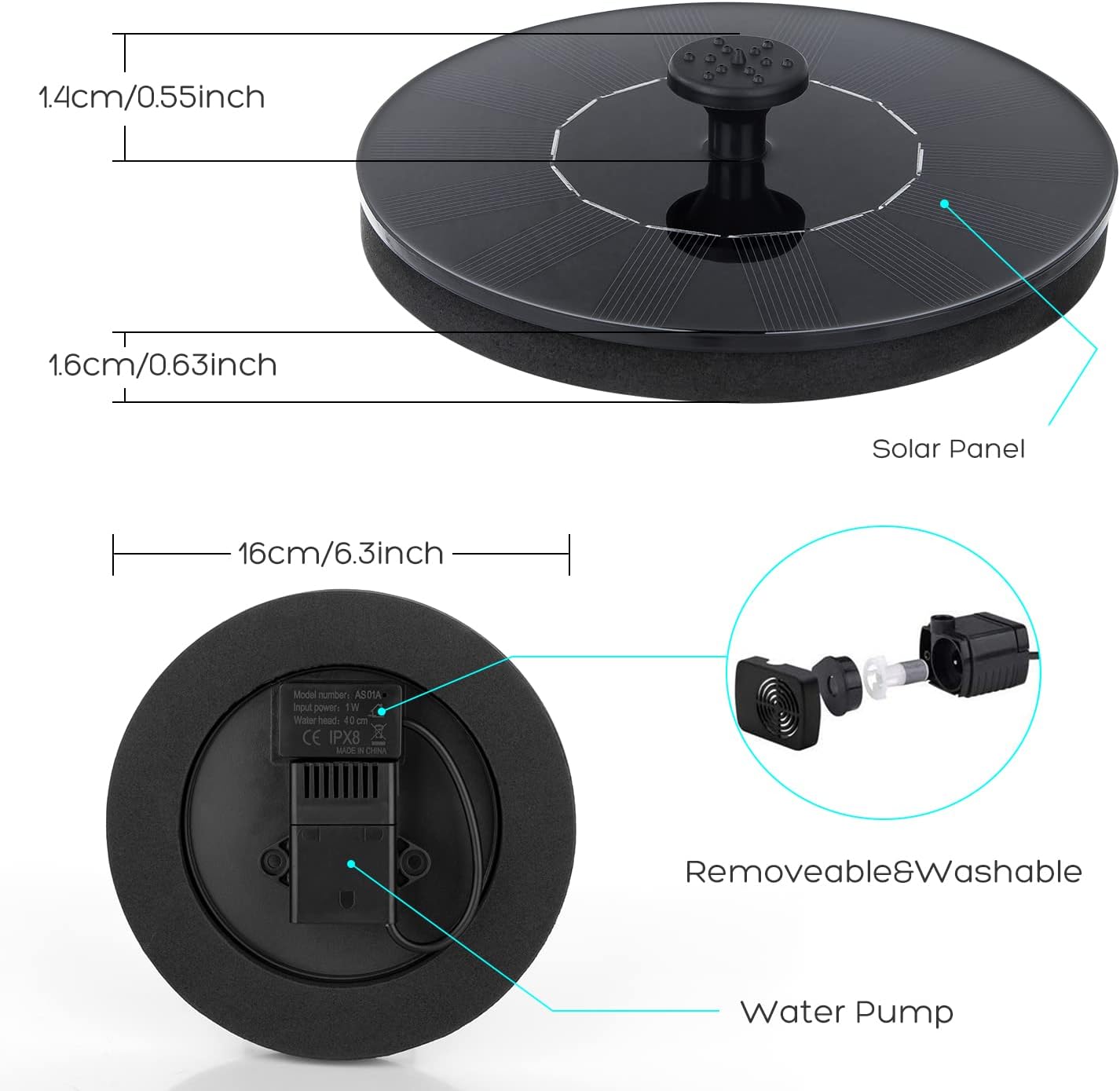 Mademax Solar Bird Bath Fountain Pump - 1W Floating Water Feature for Garden, Pond & Pool